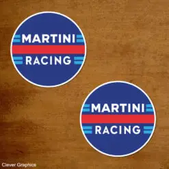 Martini Racing Circular Sticker with horizontal stripes.